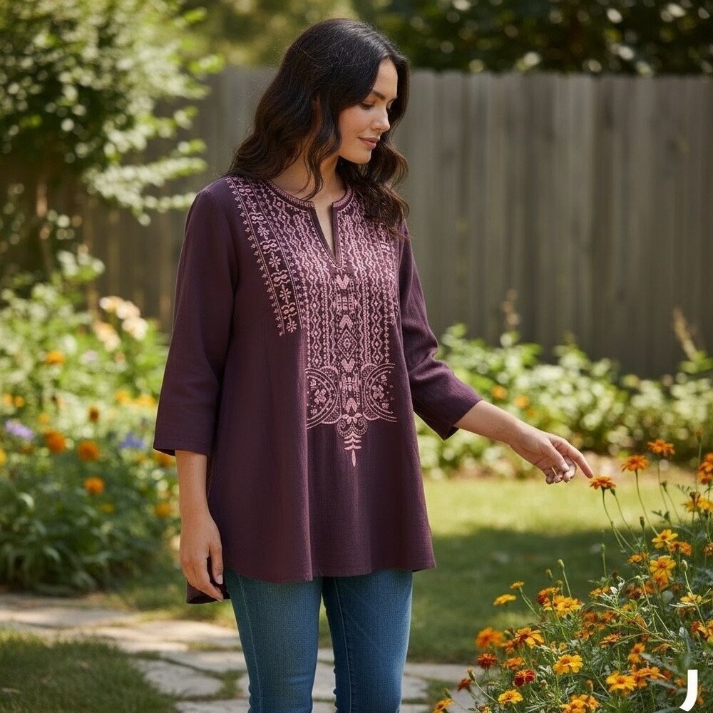 J.Jill Plum Embroidered Cotton Tunic Boho Peasant Top Plus Size 2X